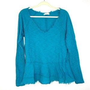 Altar’d State Blue Distressed Hem Long-Sleeve Blouse, Medium